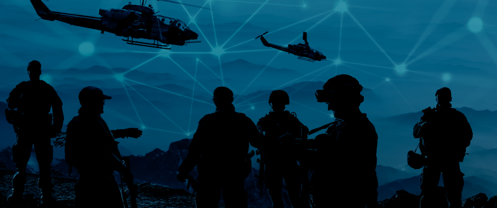 Soldiers and helicopters in silhouette against a network of connected lines